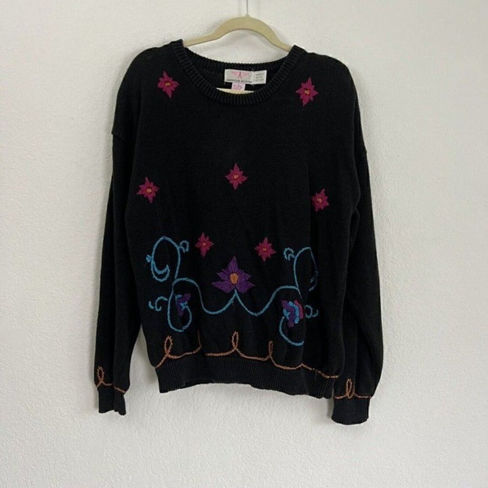 American Weekend Women’s Vintage 80s Black Knit Floral Embroidered Sweater Large